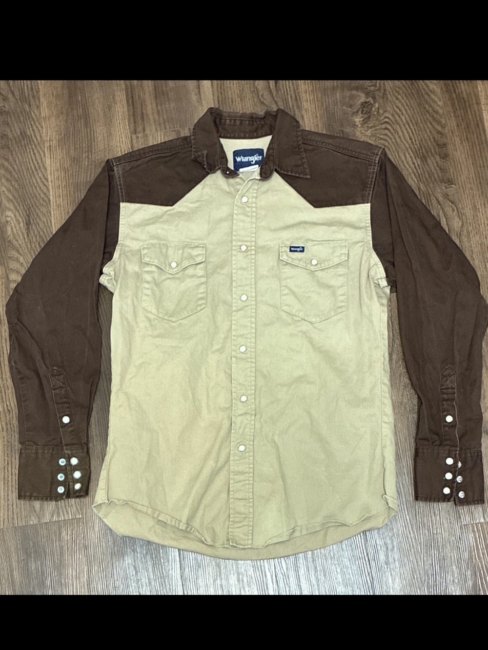 Brushpopper Style Wrangler Two Tone Western Pearl Snap Shirt Tan Brown M